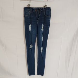 Fashion Nova Dark Blue Distressed Skinny Jeans